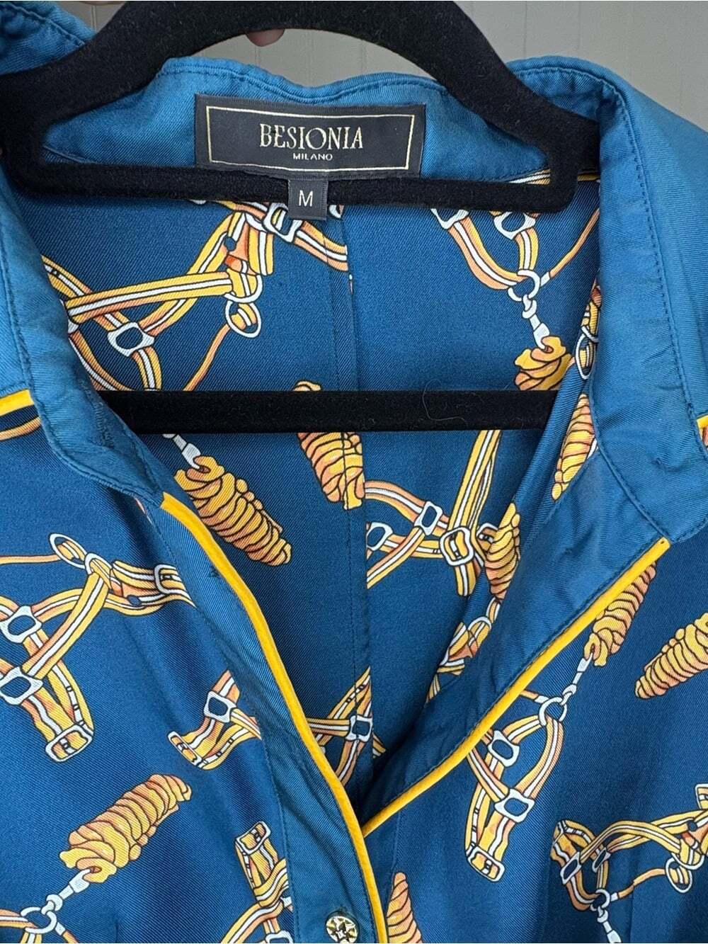 Besionia Milano 100%Mulberry Silk Bridle Print Equestrian Midi Dress Old Money M - Picture 8 of 11